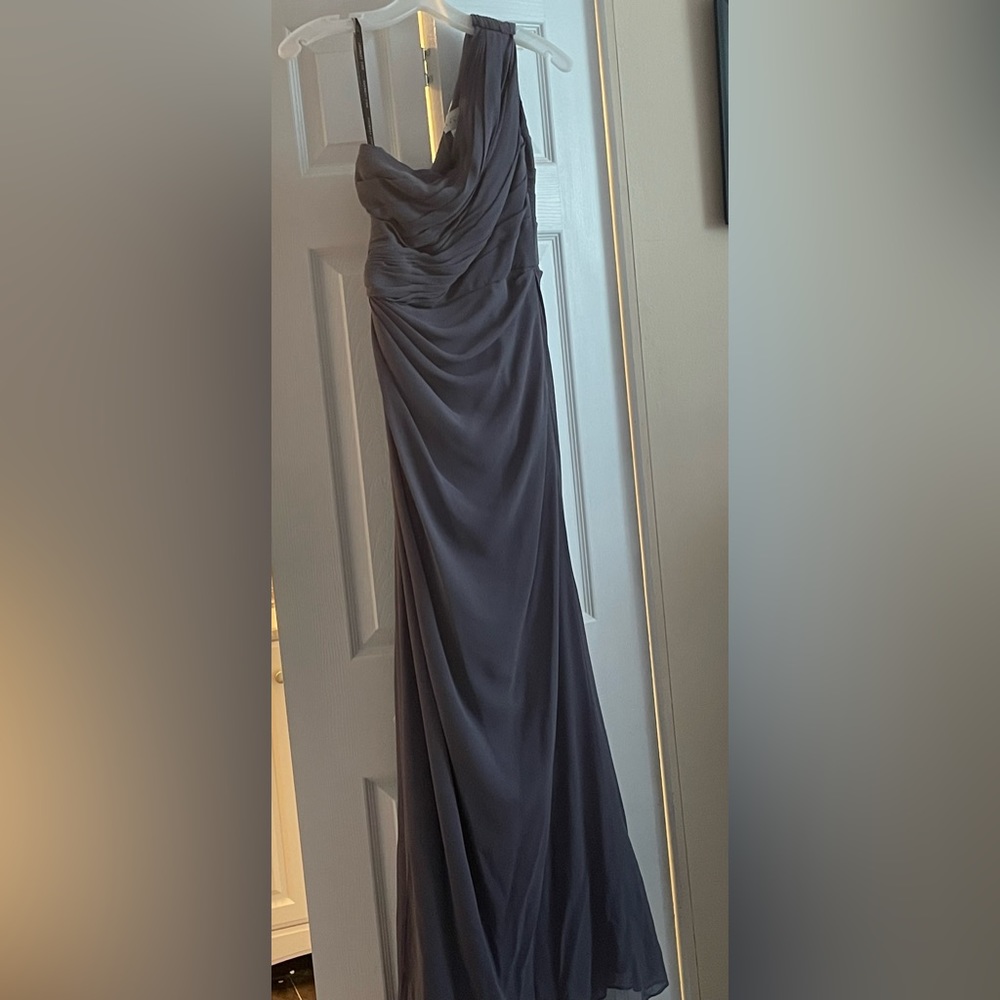 Bill levkoff pewter long one strap dress. Bridesmaid